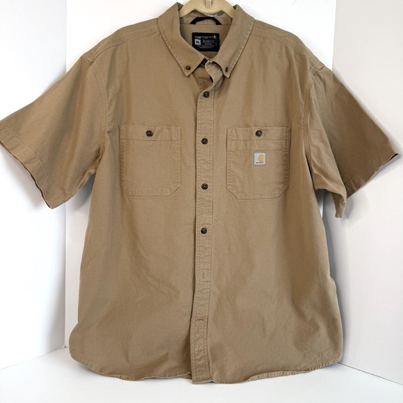 Carhartt Rugged Flex Men Shirt Short Sleeve Relaxed Fit Midweight Khaki Size XXL - Picture 1 of 14